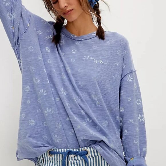 Free People We The Free Backyard Tee Oversized Crew Neck Floral Printed Top L - Picture 1 of 4